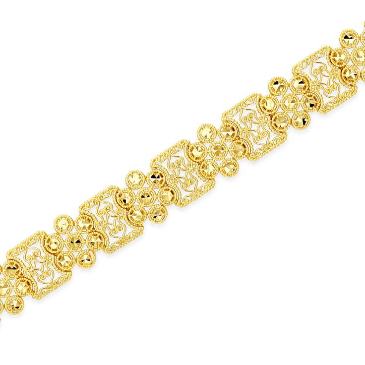 "14k solid gold Filigree Bracelet. measures approx 1/2\" by 7.75\"" Luxury Yellow Gold Filigree Bracelet, Luxury Gold Plated Filigree Bracelets, Luxury Gold Filigree Bracelet, Luxury 22k Gold Filigree Bracelets, Elegant Bracelet With Decorative Band For Anniversary, Gold Diamond Bracelet With Elegant Design For Formal Occasions, Elegant Gold Bracelet With Decorative Band, Elegant 14k Gold Bracelets With Decorative Band, Elegant Yellow Gold Bracelets With Decorative Band