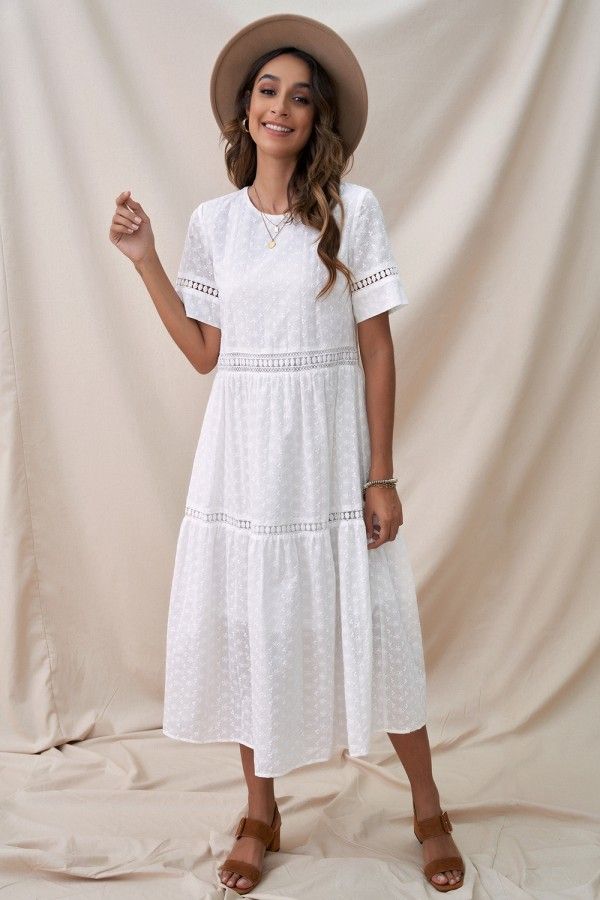 White Hollow Short Sleeve Round Neck Cotton Maxi Dress - Hot Sale - Petallush Spring Tiered Maxi Dress With Lace Trim, Broderie Anglaise Maxi Dress For Daywear, Broderie Anglaise Maxi Dress, Midi Dress With Cutwork Hem And Short Sleeves, Cotton Broderie Anglaise Maxi Dress, Bohemian Short Sleeve Broderie Anglaise Dress, Casual Short Sleeve Maxi Dress With Floral Embroidery, Casual Maxi Dress With Lace Trim, Casual Cotton Midi Dress With Broderie Anglaise