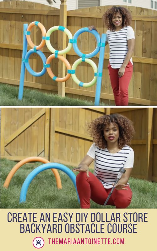 a woman sitting on the ground next to an inflatable object and another photo with text that reads, create an easy diy dollar store backyard obstacle course