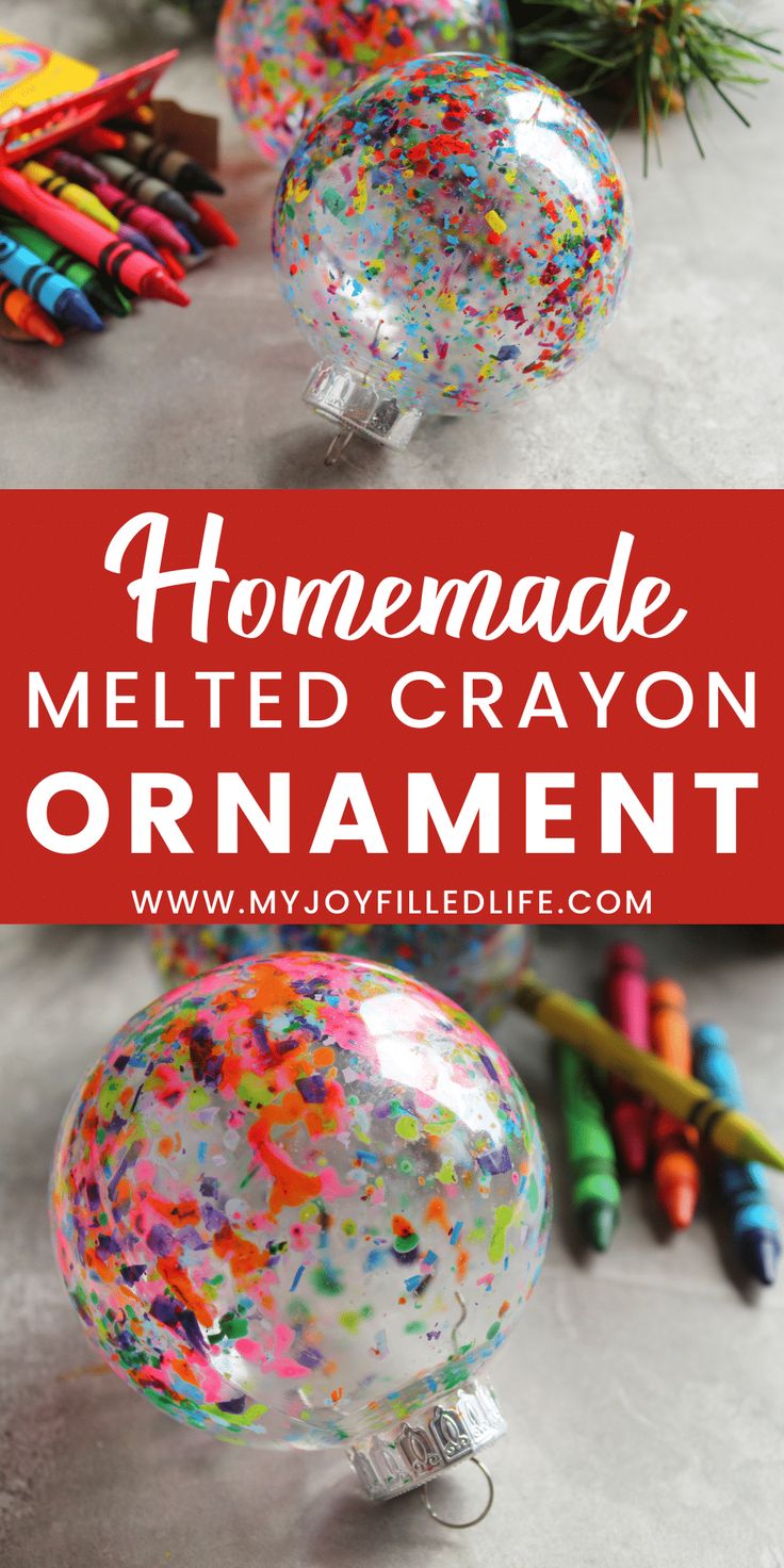 homemade melted crayon ornament with colorful sprinkles on it