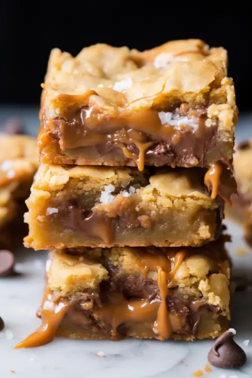 chocolate chip cookie bars stacked on top of each other with caramel drizzle