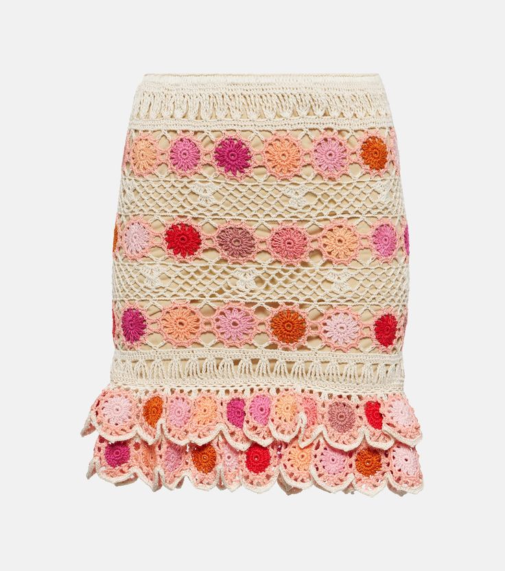 Bouquet floral cotton crochet miniskirt in multicoloured - Anna Kosturova | Mytheresa Summer Crochet Lace Skirt, Summer Crochet Skirt In Beige, Bohemian Mini Cotton Skirt, Summer Beige Crochet Skirt, Bohemian Mini Skirt In Cotton, Beige Crochet Skirt For Summer, Fitted Cotton Skirt With Crochet Trim, Cotton Mini Skirt For Vacation, Summer Cotton Mini Skirt For Vacation