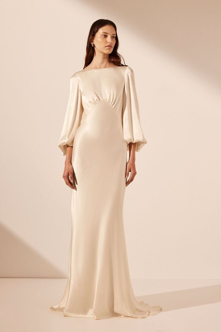 La Lune Open Back Balloon Sleeve Maxi Dress | Cream | Dresses | Shona Joy Satin White Maxi Dress, Slick Wedding Dresses, Elopment Dresses Long, Wedding Dresses For Over 50, Kimono Wedding Dress, Shona Joy La Lune, Maternity Bridal Gowns, Cream Dresses, Dream Proposal