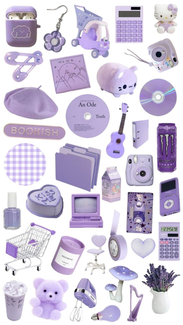 various items are arranged in the shape of a circle on a white background with purple accents