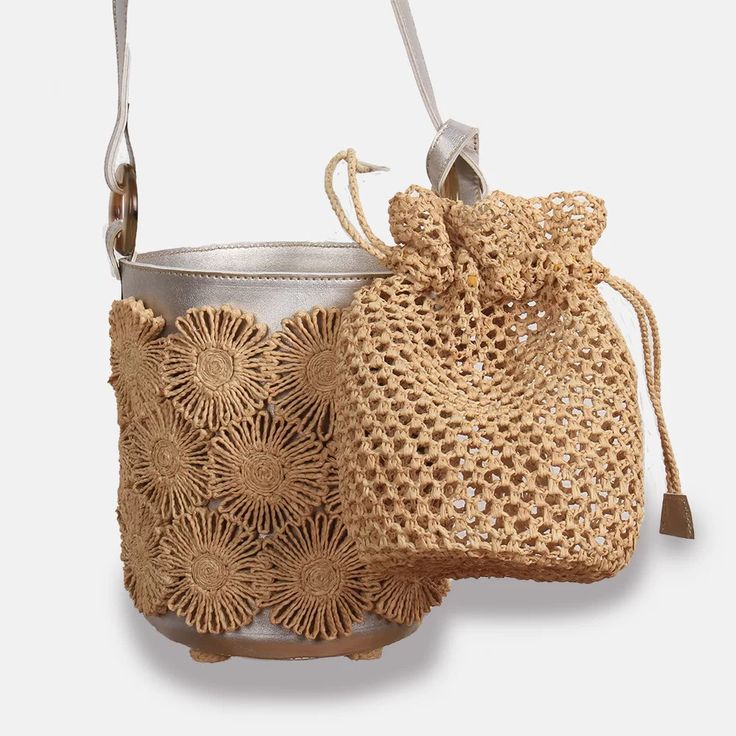 This small bag made of natural raffia is designed with round leather-like base and decorated with entirely handmade raffia floral patterns, you can put it down to without damaging it. Its beautiful adjustable leather-like shoulder strap will allow you to adapt it to your figure and wear it according to your height.Miro also comes with a small detachable raffia hook pouch. A little jewel! Composition: raffia, leather-like material (88% PU – 8% polyester – 2% cotton – 2% leather), cotton Measureme Summer Woven Leather Straw Pouch Bag, Summer Pouch Straw Bag With Woven Leather, Summer Woven Leather Bag With Round Handle, Woven Leather Pouch Straw Bag, Summer Woven Leather Crochet Pouch Bag, Natural Straw Shoulder Bag With Detachable Strap, Woven Leather Crochet Bucket Bag, Bohemian Woven Leather Shoulder Bag For Spring, Bucket Crochet Bag With Woven Leather