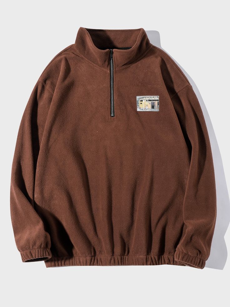 Brown Casual  Long Sleeve Fleece Graphic Half Placket  Slight Stretch Fall/Winter Men Hoodies & Sweatshirts Men Sweatshirts, Jogger Pants Casual, Faux Shearling Jacket, Men Hoodies, Retro Sweatshirts, Casual Joggers, Collared Sweatshirt, Comfortable Sweater, Coffee Brown