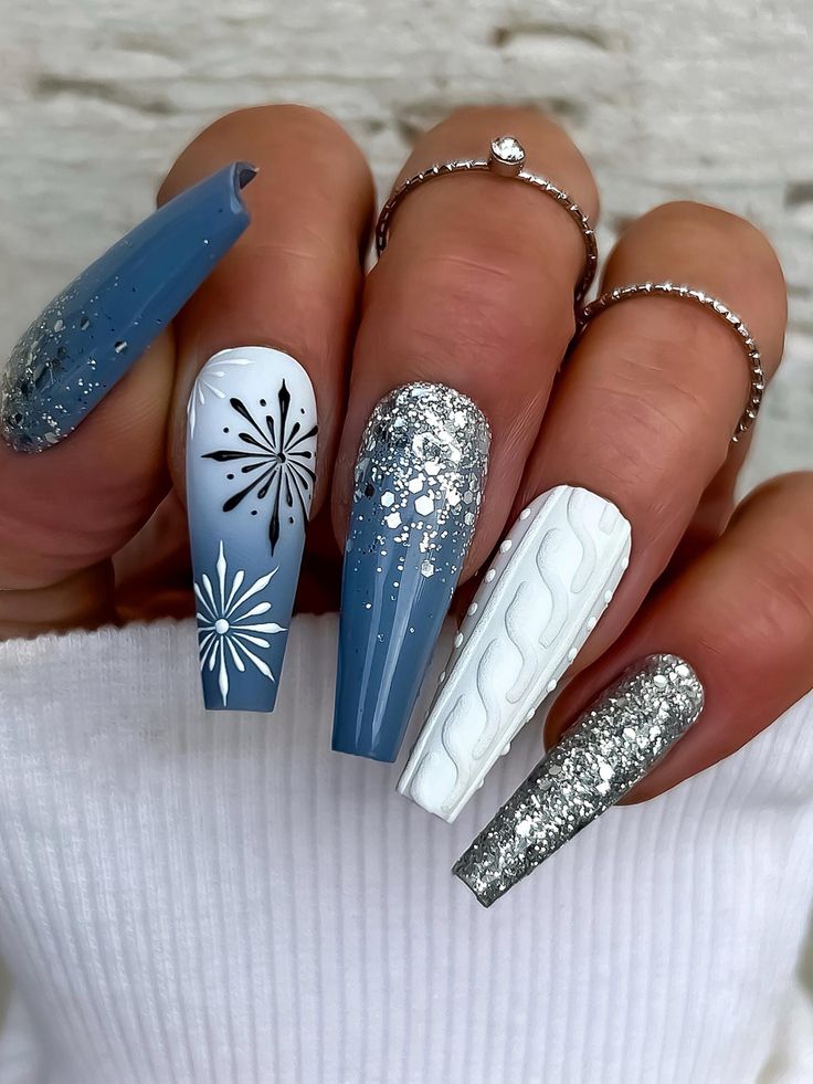 🌟 Winter Sparkle Press-On Nail Set 🌟 | 🎨 Handcrafted Blue & White Designs with Glitter & Snowflakes ❄️✨ Embrace the winter season with elegance and style using our Winter Sparkle Press-On Nail Set. Perfect for fashion-forward individuals who adore unique and eye-catching designs, this set brings the beauty of a snowy day right to your fingertips. Each nail is a piece of wearable art, meticulously handcrafted to enhance your winter wardrobe. 🔹 Key Features & Highlights: 🎨 Artistic Designs: E Holiday Nail Designs, Winter Nails Acrylic, Christmas Gel Nails, Sweater Nails, Acrylic Nails Coffin Short, New Year's Nails, Xmas Nails, Christmas Nail Designs, Coffin Nails Designs