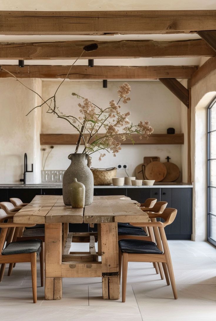 Inviting farmhouse dining room featuring a barn door and pendant lighting Wooden Rustic Dining Table, Salon Farmhouse, Modern Boho Dining Room, Wooden Joinery, Farmhouse Dining Rooms Decor, Minimalist Farmhouse, Modern Farmhouse Dining Room, Modern Farmhouse Dining, Country Dining