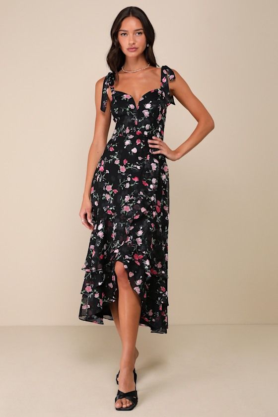 Everyone will be in awe of your charming style when you step onto the scene in the Lulus So Elevated Black Floral Jacquard Tie-Strap High-Low Midi Dress! Airy woven chiffon boasts a vibrant floral print and tonal floral jacquard design as it shapes a princess-seamed bodice, a sweetheart neckline (with a notched detail and a supportive V-bar), and long straps that tie at the shoulders. The high, fitted waist tops a skirt with a faux wrap-style silhouette, tiered ruffled details, and a high-low mi Knot Tie Dress, Bride Vibes, Midi Dress Floral, High Low Midi Dress, Jacquard Design, Floral Jacquard, Tie Dress, Dress Floral, Floral Midi Dress