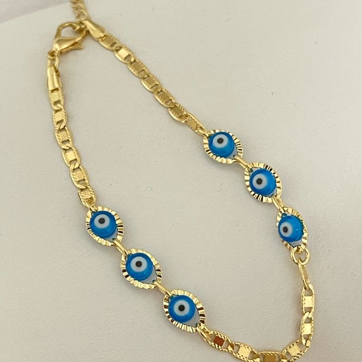 New! Composition 18k Gold, Brass Elegant Blue Gold-plated Bracelets, Blue Metal Bracelets With Evil Eye, Blue Metal Bracelet With Evil Eye, Blue Gold Plated Jewelry With Adjustable Chain, Blue Evil Eye Metal Bracelet, Blue Gold-plated Tarnish-resistant Jewelry, Blue Tarnish-resistant Gold-plated Jewelry, Blue Jubilee Bracelet Jewelry, Blue Jewelry With Gold Chain As Gift