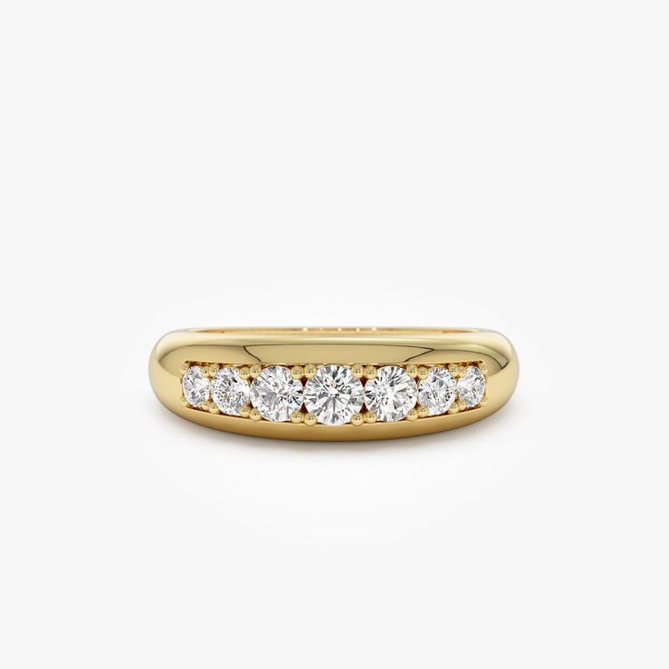 Elevate your jewelry collection with our 14k Gold Diamond Dome Ring, a stunning and bold piece that makes for a unique wedding ring band. This statement ring features a dome design adorned with natural diamonds, adding a touch of glamour and sophistication to your style. Embrace the allure of this Dome Band, a timeless and captivating accessory that sparkles with elegance. ▶ Details   * Made to Order. * Gold KT: 14K Solid Gold (also available in 18K & Platinum upon request) * Custom Gold Color: Rose Gold, Yellow Gold, White Gold * Natural Diamonds * Round Diamonds: 7 pcs x 2.00 - 3.0 MM  * Total CTW: 0.45 ctw * Diamond Color Clarity: G Color SI Clarity * Ready to Ship in 3-10 Business Days ▶ See more of our Diamond Rings here - https://etsy.me/3YbpVq2  ▶ See our storefront here - http://et Modern Wide Band Ring With Brilliant Cut For Wedding, Modern Brilliant Cut Wide Band Wedding Ring, Modern Thick Band Diamond Ring For Weddings, Modern Wide Band Diamond Ring For Wedding, Modern Wide Band Wedding Ring With Round Cut, Formal Wide Band Ring With Brilliant Cut, Elegant Wide Band Ring With Brilliant Cut For Wedding, Wide Band Wedding Ring With Brilliant Cut, Elegant Thick Band Diamond Ring With Brilliant Cut