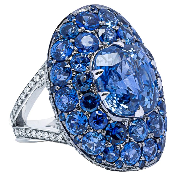 Alex Jona design collection, hand crafted in Italy, 18k white gold solitaire ring, centering a certified natural unheated 8.04 carats cushion cut Ceylon blue sapphire, surrounded by 7.32 carats of blue sapphires. The shoulders are set with 0.97 carats of white diamonds, F color, VVS1 clarity. Ring size: 6.0 US/12 EU Dimensions: W 0.74in/19mm x L 1.0in/25.50mm Alex Jona jewels stand out, not only for their special design and for the excellent quality of the gemstones, but also for the careful att Elegant Pouch, High Jewelry Ring, White Gold Solitaire, Gold Solitaire Ring, Contemporary Ring, Golden Ring, White Gold Ring, Design Collection, White Diamonds