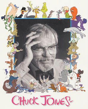 the cover of chuck jones's book, with many cartoon characters around him and his face