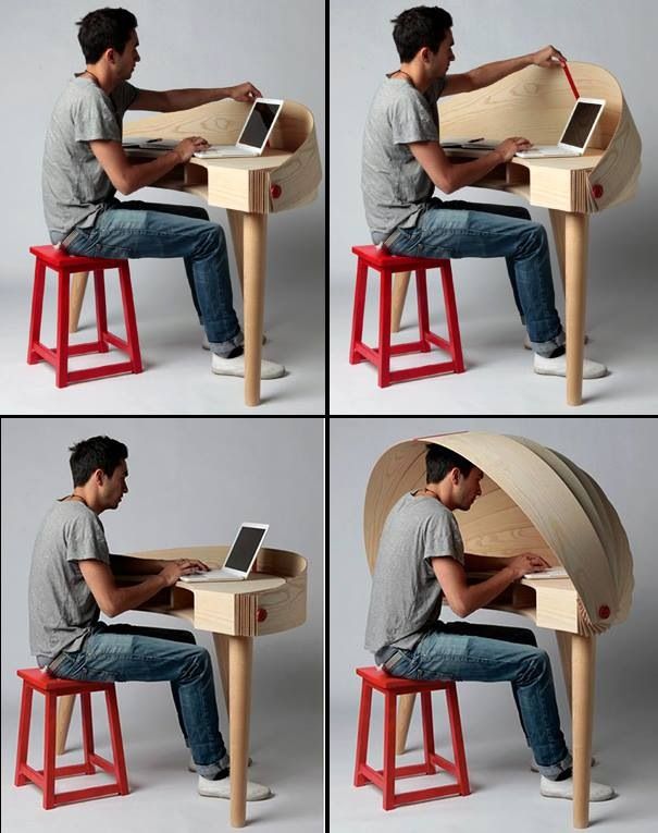 four pictures of a man sitting at a desk using a laptop