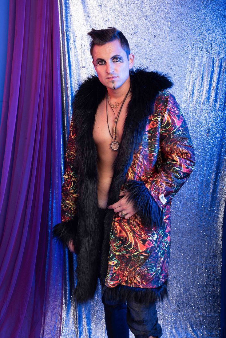 "TRIP ADVISOR Reversible Faux Fur Coat FUR: Black Luxury Faux Fur LINING: Vibrant Tie Dye Spandex Fur Weight/Thickness: Medium SHIPPING: \"PREORDER\" takes only 1 day to process! FEATURES: - reversible - enjoy 2 looks in one coat! - 4 big pockets: 2 on the fur side, 2 zipped pockets - on the lining side. - 4 hook closures - hood Model wears mens size M and his height is 6' 2'' *Machine wash cold **Hang to dry See more options in our shop: https://www.etsy.com/shop/SHUBAdesigns Follow and tag us Long Sleeve Outerwear For Party And Festival, Black Party Outerwear For Party Season, Disco Style Winter Festival Outerwear, Winter Festival Disco Outerwear, Black Blazer For Fall Costume Party, Multicolor Winter Party Blazer, Multicolor Party Blazer For Winter, Disco Style Winter Party Outerwear, Fitted Disco Outerwear For Party Season