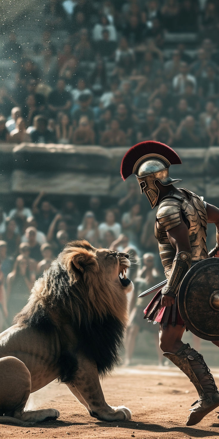 a man in armor standing next to a lion on top of a dirt field with people watching