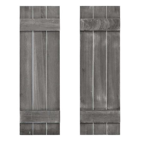 two wooden shutters are shown in black and white, one is painted with gray paint