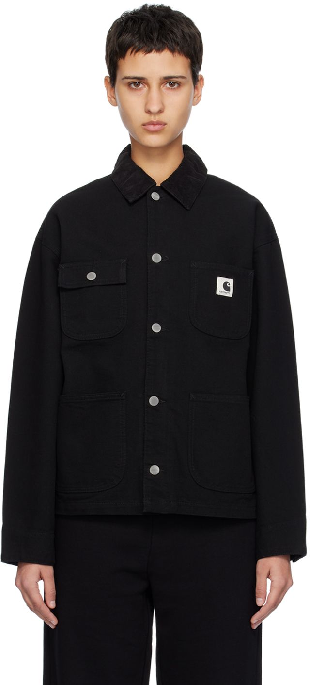 12 oz organic cotton canvas jacket. · Corduroy trim at spread collar · Flap pocket and patch pockets · Logo patch at chest · Button fastening at vented cuffs · Unlined Supplier color: Black/Black rinsed Jacket Corduroy, Carhartt Work In Progress, Canvas Jacket, Work In Progress, Flap Pocket, Patch Logo, Cotton Canvas, Michigan, Organic Cotton