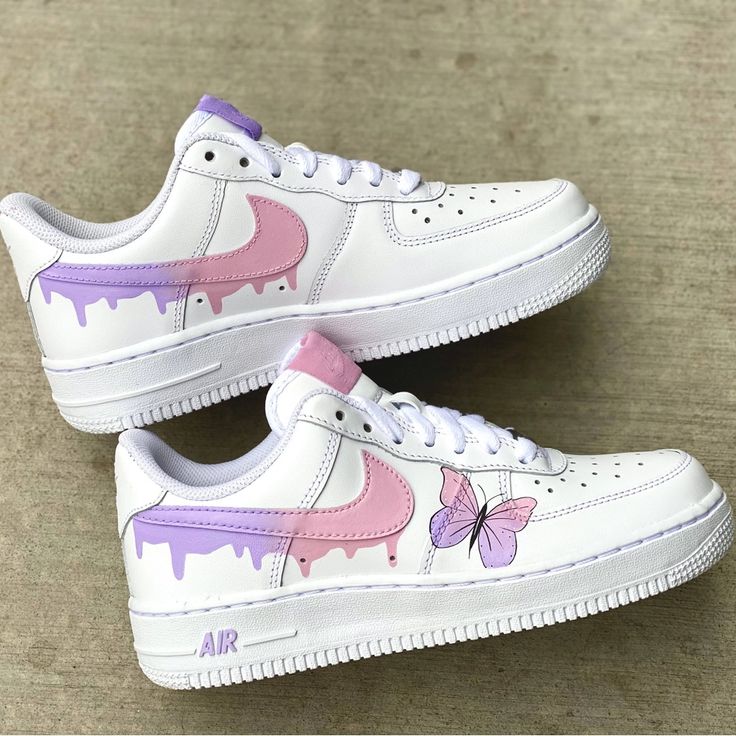 Custom Air Force Ones Butterfly Design All Sizes Available!! Nike Purple Spring Sneakers, Nike Purple Sneakers For Spring, Trendy Purple Sneakers, Nike Purple Sneakers, Nike Shoes Women Fashion, Pretty Sneakers, Trendy Shoes Sneakers, Preppy Shoes, Nike Fashion Shoes