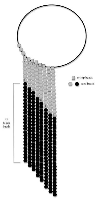 a black and white necklace with beads hanging from it's side, along with instructions for how to make the bead fringe