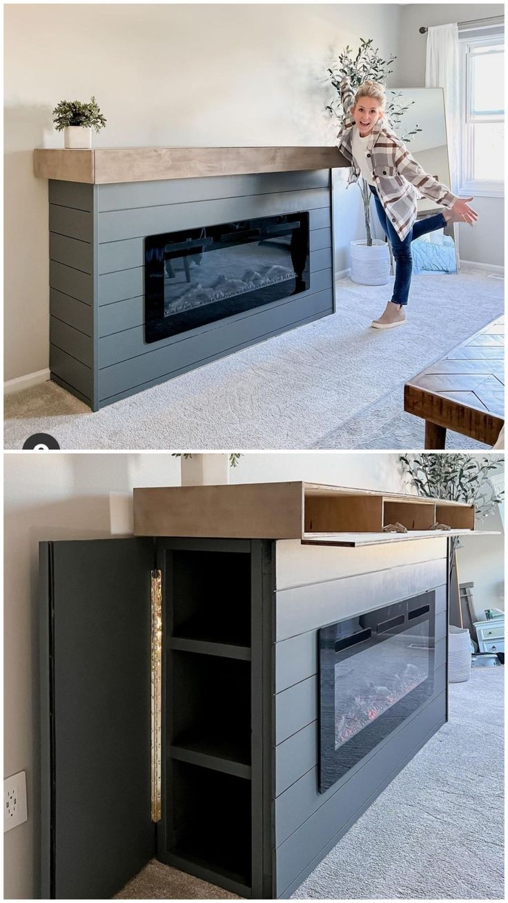 two pictures of a child jumping up and down in front of a fireplace that is built into the wall