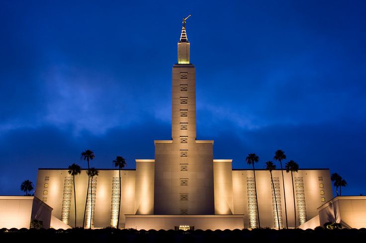 the building is lit up at night with palm trees in front and blue sky behind it