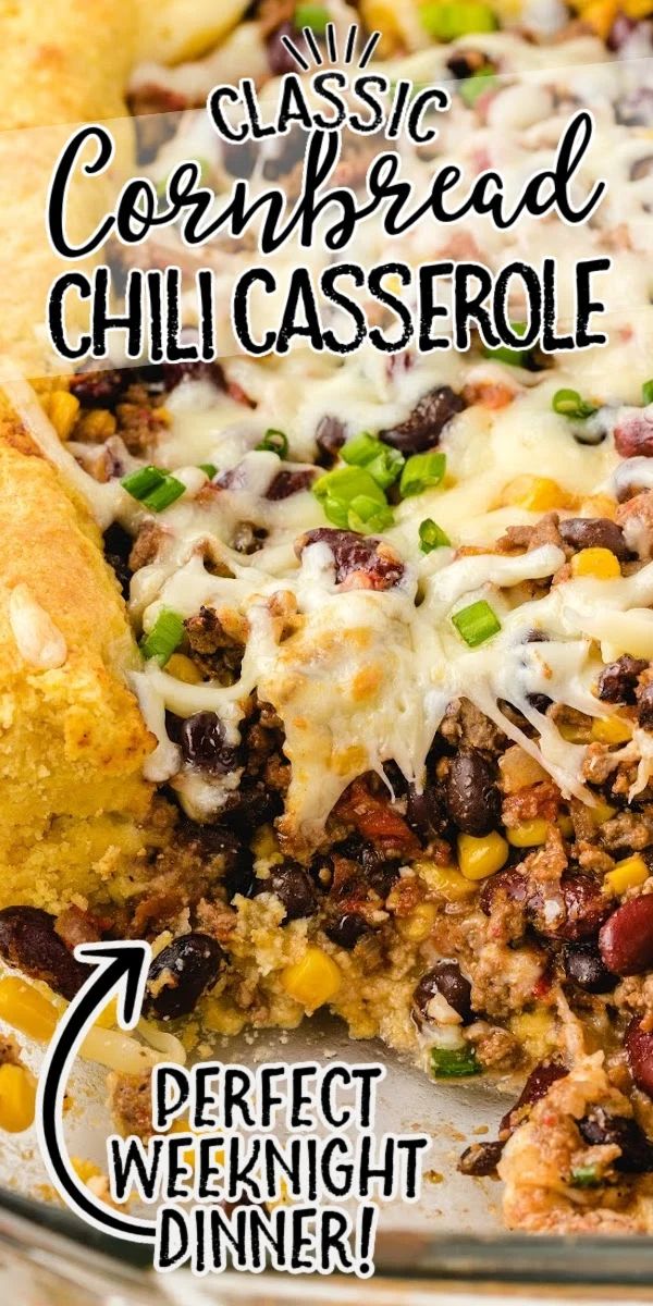 a close up of a plate of food with the words classic cornbread chili casserole