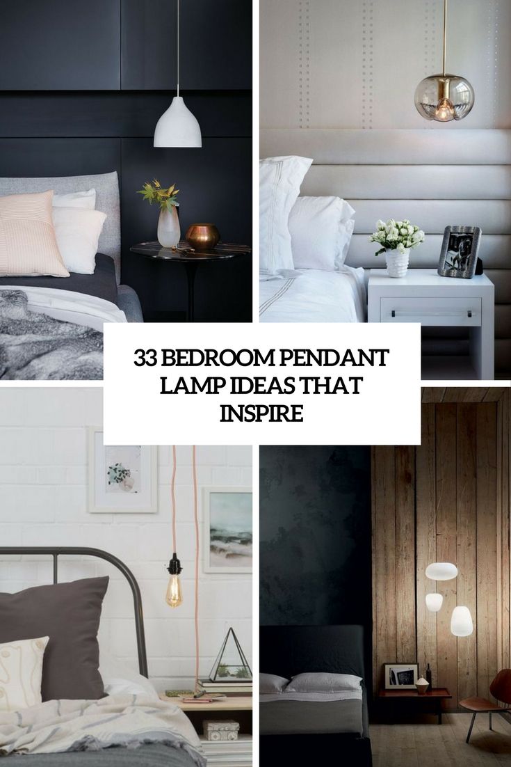 bedroom with black walls and white bedding in different pictures, including lamp lights above the bed