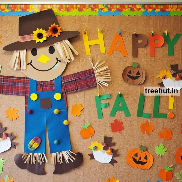 a bulletin board with paper cut out of scarecrows, pumpkins and leaves