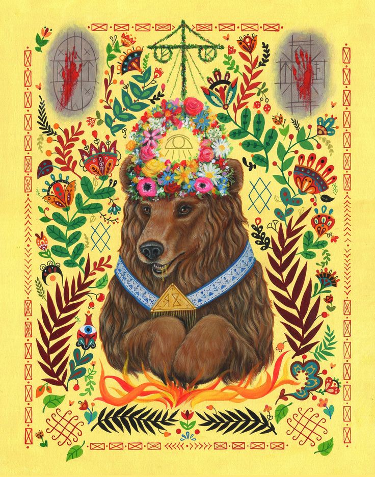 a painting of a brown bear wearing a flower crown