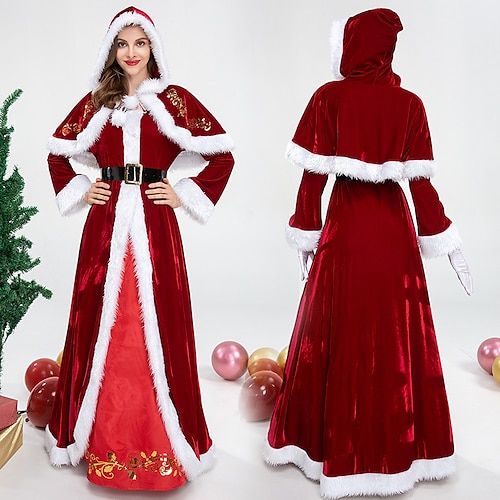 two women dressed in red and white christmas costumes, one wearing a santa claus costume