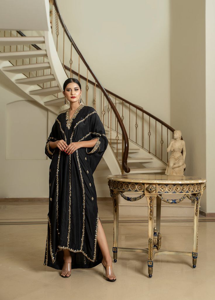 Black Rawsilk Kaftan – PURPLE HAZE PRET STUDIO Unstitched Raw Silk Straight Kurta Kaftan, Eid Anarkali Style Raw Silk Kaftan, Festive Chanderi Kaftan With Mirror Work, Straight Kurta Kaftan In Silk With Dabka Work, Wedding Chanderi Kaftan With Dabka, Straight Kurta Style Designer Kaftan With Dabka Work, Designer Dabka Work Straight Kurta Kaftan, Unstitched Bollywood Style Raw Silk Kaftan, Traditional Embellished Chanderi Kaftan