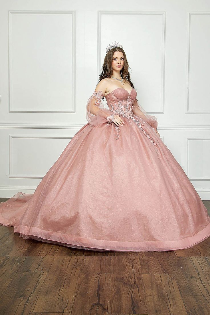 Dusty Rose Off-shoulder 3D Flowers and Gems Ballgown with removable sleeves - front/side view of woman wearing dress Puff Sleeve Ball Gown, Quince Planning, Mary's Bridal, Flower Girl Accessories, Big Dresses, Removable Sleeves, Kids Party Dresses, Baptism Dress, Quinceanera Dress