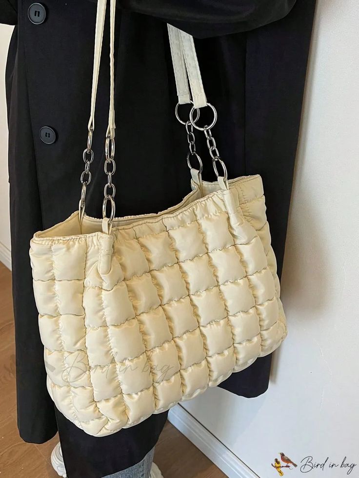 Bird in Bag - Elegant Beige Tote Bag with Stitched Detail Casual Quilted Shoulder Bag With Double Handle, Casual Quilted Tote Shoulder Bag, Chic Quilted Square Bag, Casual Quilted Square Bags, Casual Quilted Square Shoulder Bag, Large Capacity Cream Square Bag, Cream Square Satchel With Large Capacity, Chic Quilted Rectangular Satchel, Casual Quilted Shoulder Bag For Shopping