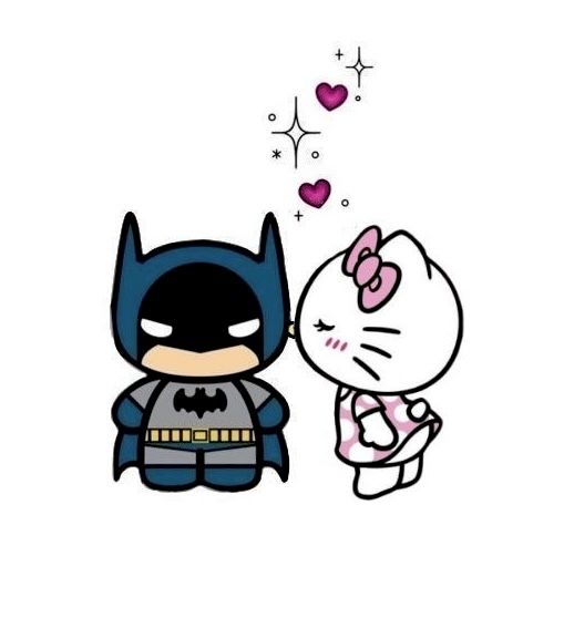 hello kitty and batman kissing each other with hearts floating out of the sky behind them