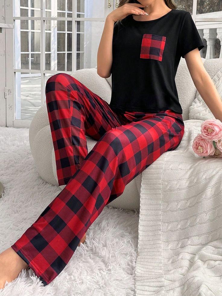 Multicolor  Collar   Guingán Conjunto Pantalón Embellished Elástico Ligero Todo Plaid Pant, Mode Swag, Pajama Bottoms Womens, Red Pajamas, Comfy Pjs, Gingham Pants, Pajama Fashion, Plaid Pajama Pants, Tie Dye Outfits