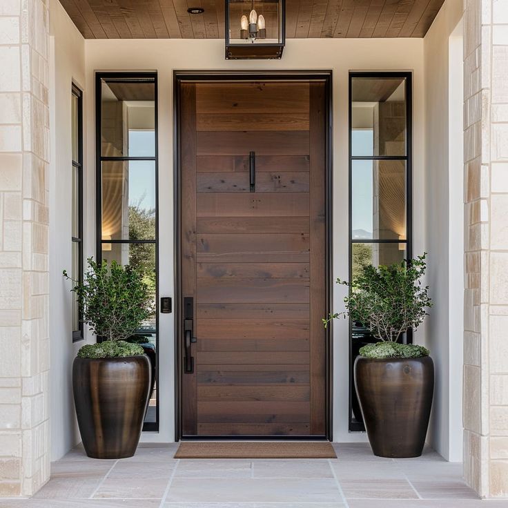 two large planters on either side of the front door