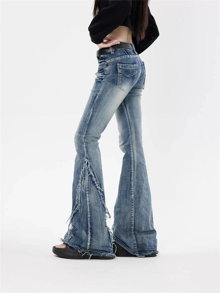 𝔇𝔢𝔱𝔞𝔦𝔩𝔰: Style: Vintage, Retro, Casual Material:Denim/ This item is machine-washable. Lightweight denim is crafted to ensure comfort during your casual outings. Featuring a classic flare and slim fit, these jeans effortlessly capture the essence of vintage glamour. Enjoy free shipping with a purchase of over 80$. We ship worldwide. SIZE LENGTH WAIST HIPS 41 in 22 in 34 inM 42 in 23 in 36 inL 42 in 24 in 37 inItem measured by hands may have 1-2 in differences.SIZE LENGTH WAIST HIPS 105 cm Edgy Mid-rise Medium Wash Flare Jeans, Fitted Bottoms With Frayed Hem For Fall, Fitted High Waist Distressed Flare Jeans, Fitted Flare Bottoms With Frayed Hem, Non-stretch Y2k Flare Jeans, Stretch Full Length Flare Jeans With Frayed Hem, Trendy Fitted Cotton Flare Jeans, Stretch Full-length Flare Jeans With Frayed Hem, Fitted Flare Denim Jeans