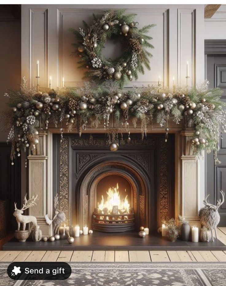 a fireplace decorated with christmas decorations and candles