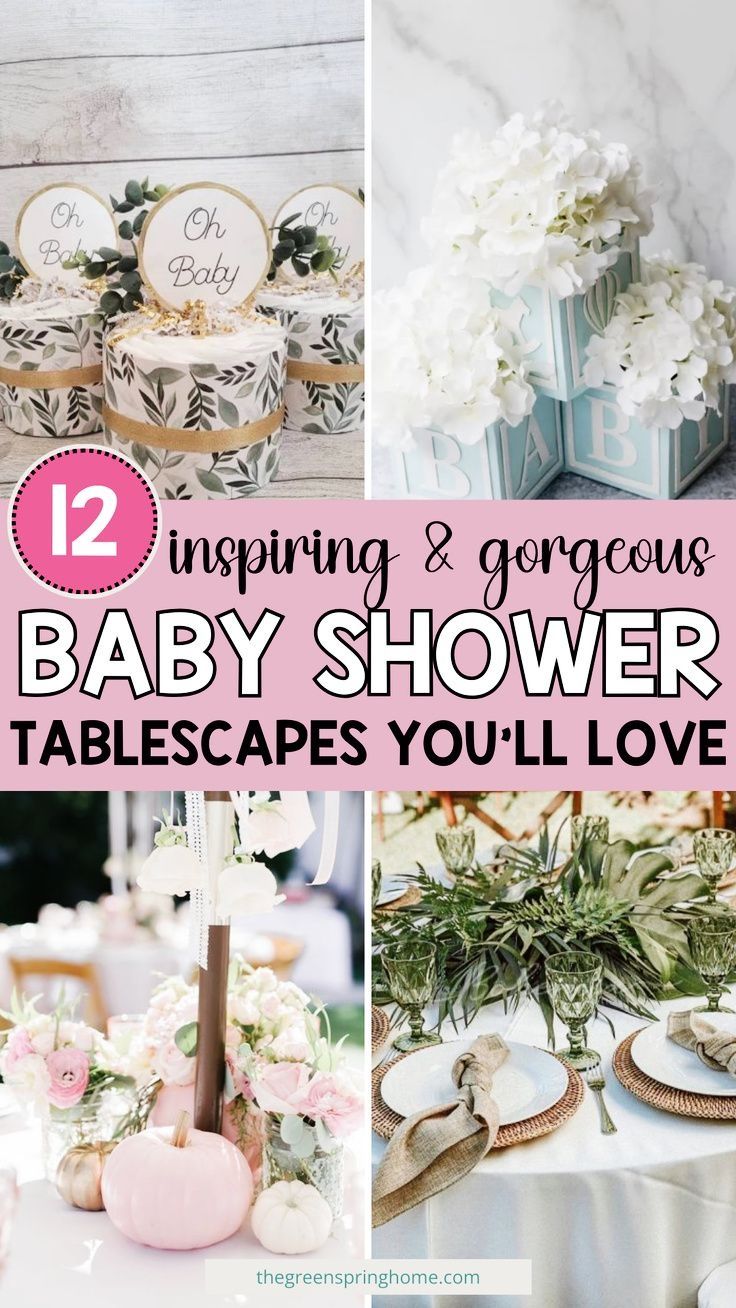 baby shower tables with flowers and greenery on them, including cupcakes and cakes