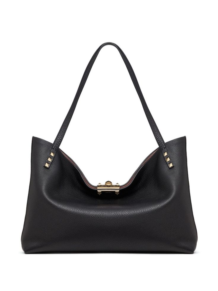 black leather pebbled texture clasp fastening signature Rockstud embellishment gold-tone hardware two rounded top handles main compartment Evening Shoulder Bag With Gold-tone Hardware In Pebbled Leather, Evening Satchel With Gold-tone Hardware And Pebbled Leather, Evening Pebbled Leather Satchel With Gold-tone Hardware, Top Handle Pebbled Leather Shoulder Bag With Branded Hardware, Elegant Hobo Bag With Gunmetal Hardware For Evening, Chic Pebbled Leather Shoulder Bag With Branded Hardware, Elegant Pebbled Leather Shoulder Bag With Metal Hardware, Evening Hobo Bag With Metal Hardware, Elegant Formal Hobo Bag With Gunmetal Hardware