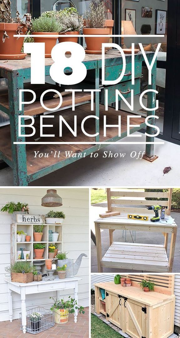 18 DIY Potting Benches You’ll Want to Show Off! • Check out this post for great tutorials and potting bench ideas. Potting tables that you can make and that look nice. #DIYpottingbenches #DIYpottingtables #pottingbenches #pottingtables #pottingbenchideas #DIYpottingbenchideas #DIYgardenideas #DIYgardenprojects Potting Benches Diy, Garden Diy Decoration Ideas, Diy Garden Table, Potting Bench Ideas, Diy Potting Bench, Potting Bench Plans, Outdoor Potting Bench, Taman Diy, Potting Benches