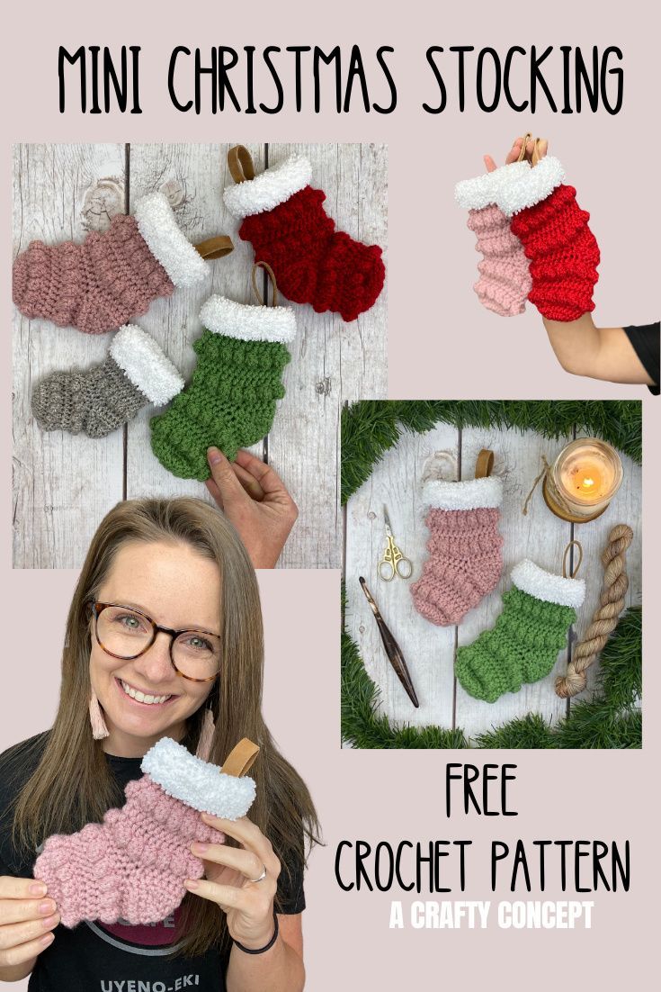 a woman is holding up her crocheted christmas stockings and mitts with text overlay that says, mini christmas stocking free crochet pattern