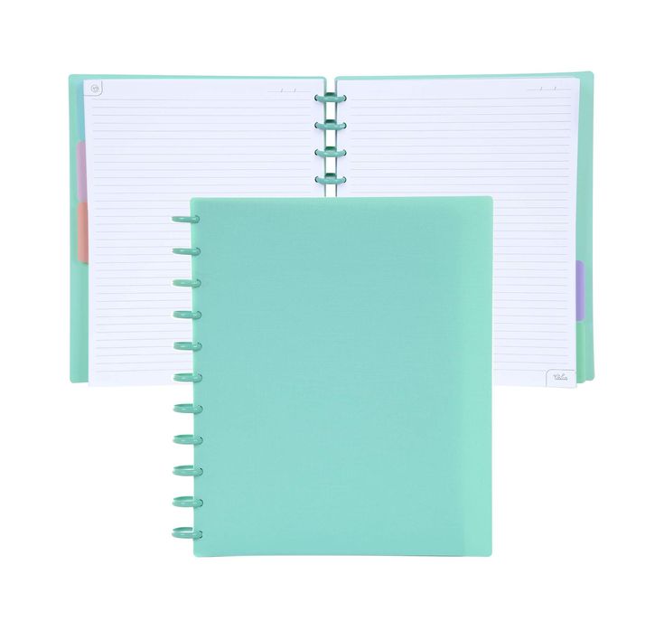 a spiral bound notebook is open to show the pages on each side, and has a notepad attached