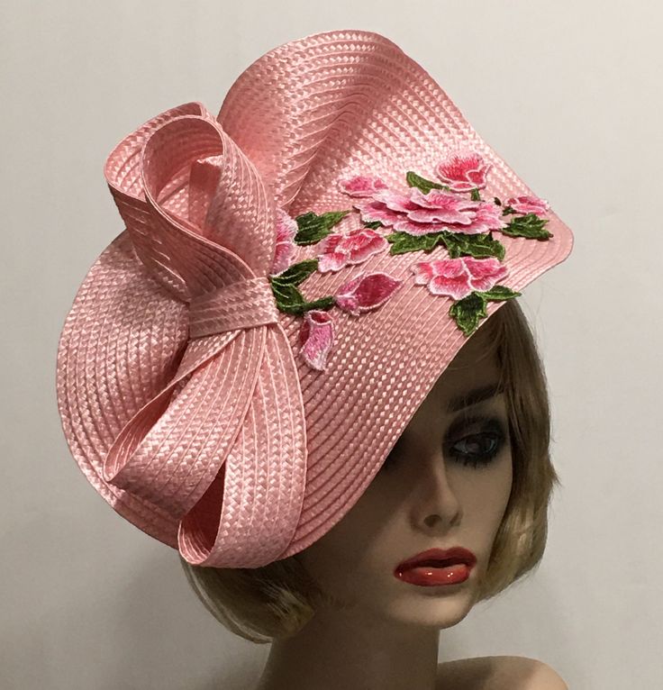 "Pink Derby Fascinator, Horse Race Hat, Kentucky Derby Hat, Pink Rose Church Hat, Tea Party Hat, Wedding Guest Hat This elegant summer hat is perfect to wear to a Garden Party, Wedding Guest, Showers, Beach Wedding, Graduation, Church or Races. This hat is a Pink Fascinator featuring a Multi Pink embroidered accent piece with a matching 1\" satin covered headband. Hats and accessories are not returnable. Please review our shop policies section if you have any questions, thank you. This hat for w Spring Wedding Fedora Costume Hat, Whimsical Summer Costume Hats With Handmade Flowers, Vintage Top Hat For Spring Wedding, Pink Cloche Hat For Spring Beach Outings, Pink Cloche Hat For Spring Beach, Pink Cloche Hat For Beach In Spring, Spring Garden Party Fedora Fascinator, Pink Fedora Sun Hat For Party, Summer Party Fedora Costume Hat