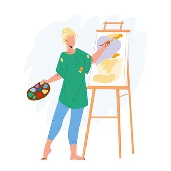 a person standing in front of an easel holding a paintbrush and palettes