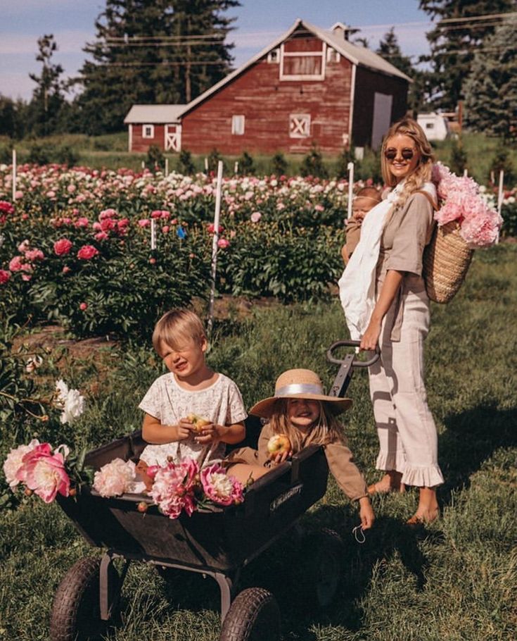 a woman and two children pushing a wheelbarrow full of flowers in a garden