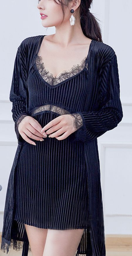 Black V-neck Nightgown For Night Out, Black V-neck Sleepwear With Lace Trim, Fitted Black V-neck Nightgown, Black Lace V-neck Sleepwear, Black Lace Dress For Night, Black V-neck Nightgown For Wedding Night, Elegant Black Sleepwear For Night, Black V-neck Sleep Dress, Elegant Black Sleepwear