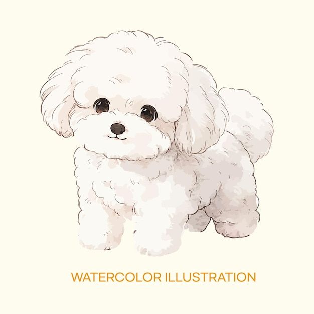 a small white dog standing on top of a white floor next to the words watercolor illustration