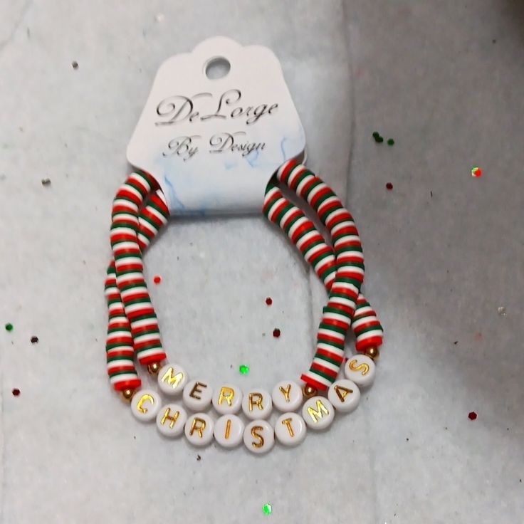 Delorge By Design Clay Beaded Bracelets Custom Size And Color Red Beaded Bracelet With Letter Beads For Holidays, Clay Bead Bracelet Ideas Christmas, Clay Beaded Bracelets, White Beads Bracelet, Clay Bead Bracelet, Faux Pearl Bracelet, Christmas Clay, Moms Bracelet, Clay Bracelet